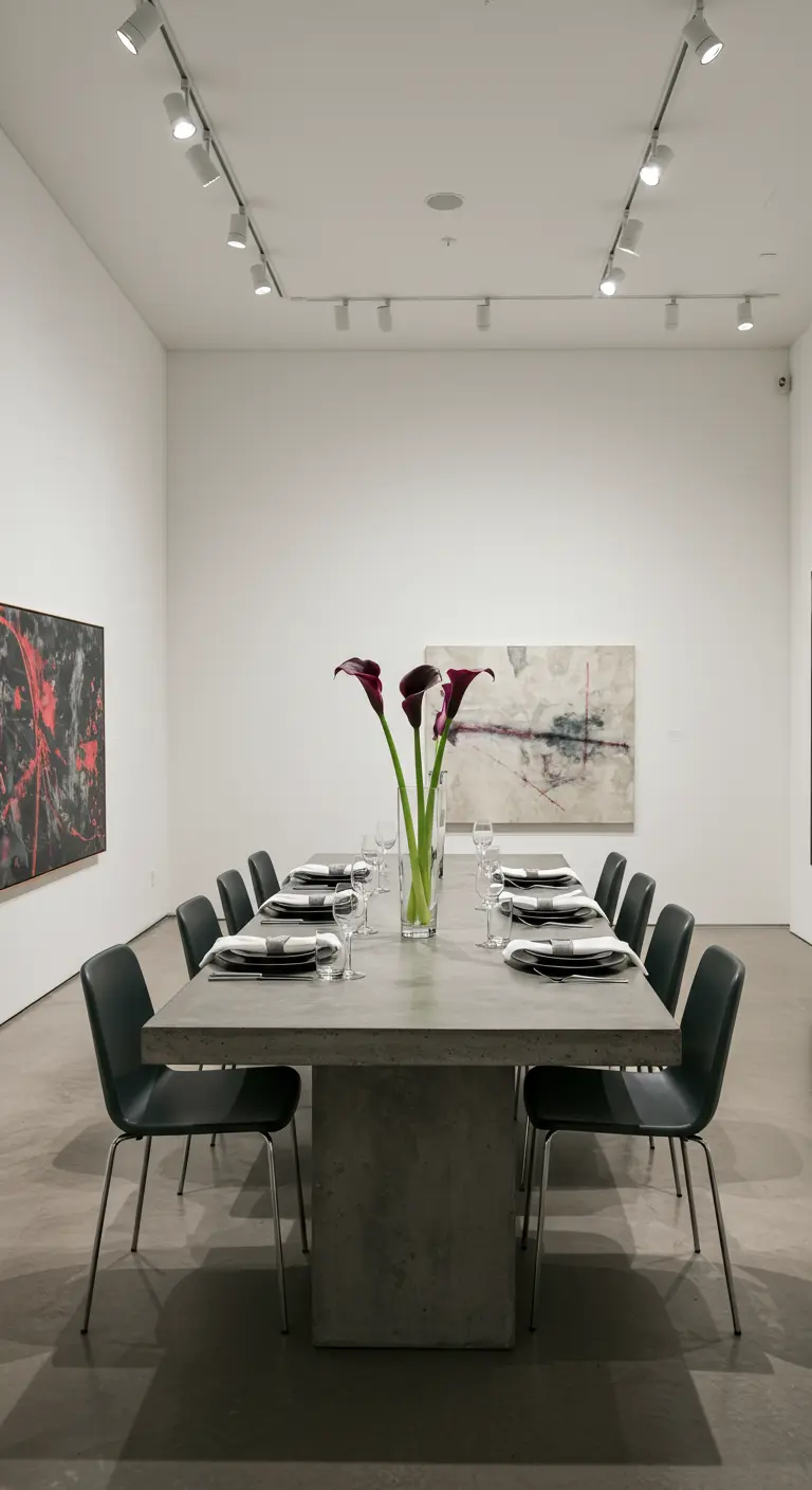 Minimalist dining room with a concrete table and tall black calla lilies.