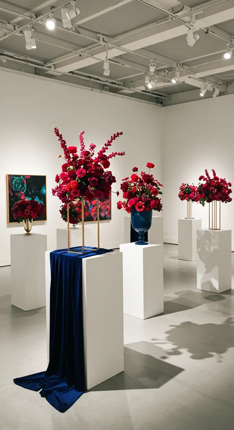 Art gallery display with white pedestals, one draped in blue velvet, showcasing bold red floral arrangements.