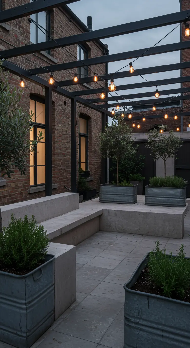 A courtyard with olive trees in galvanized troughs and a pergola with string lights.