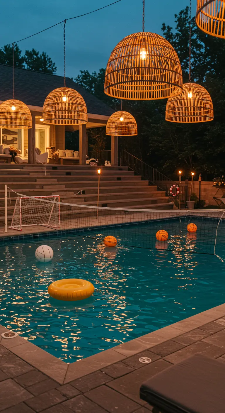 Pool volleyball at night under the glow of hanging rattan lanterns.