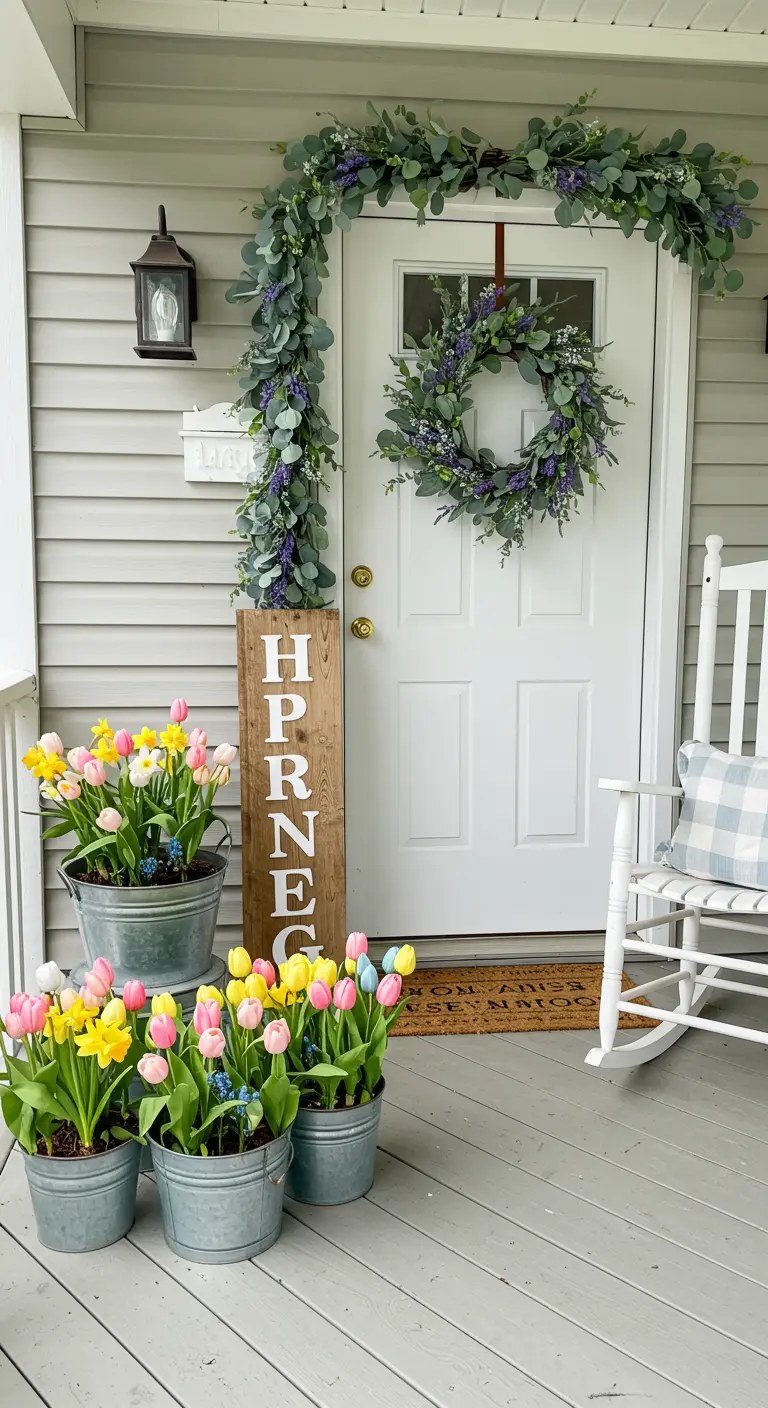 Spring porch with eucalyptus garland and galvanized buckets of tulips.