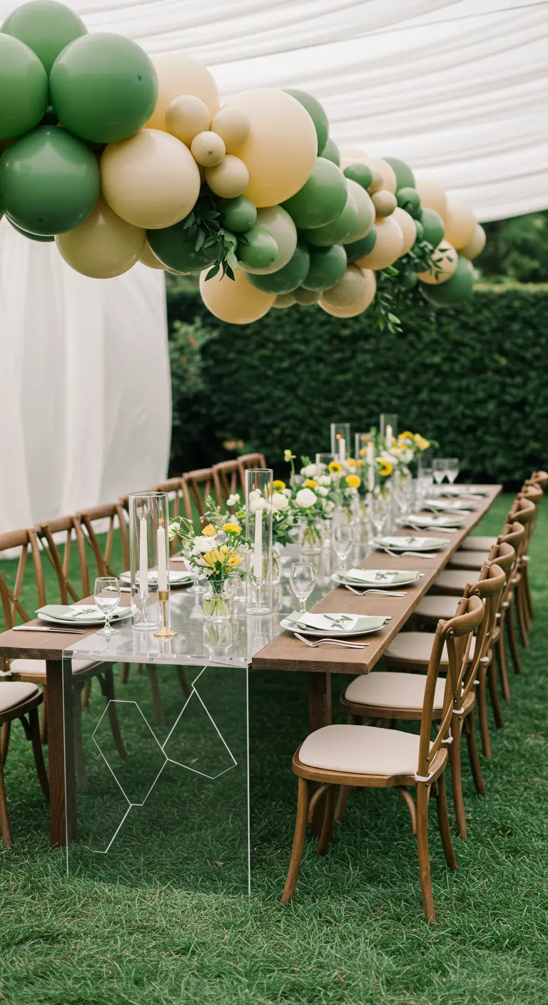 Olive and beige balloon garland over a table with clear acrylic legs in a garden.