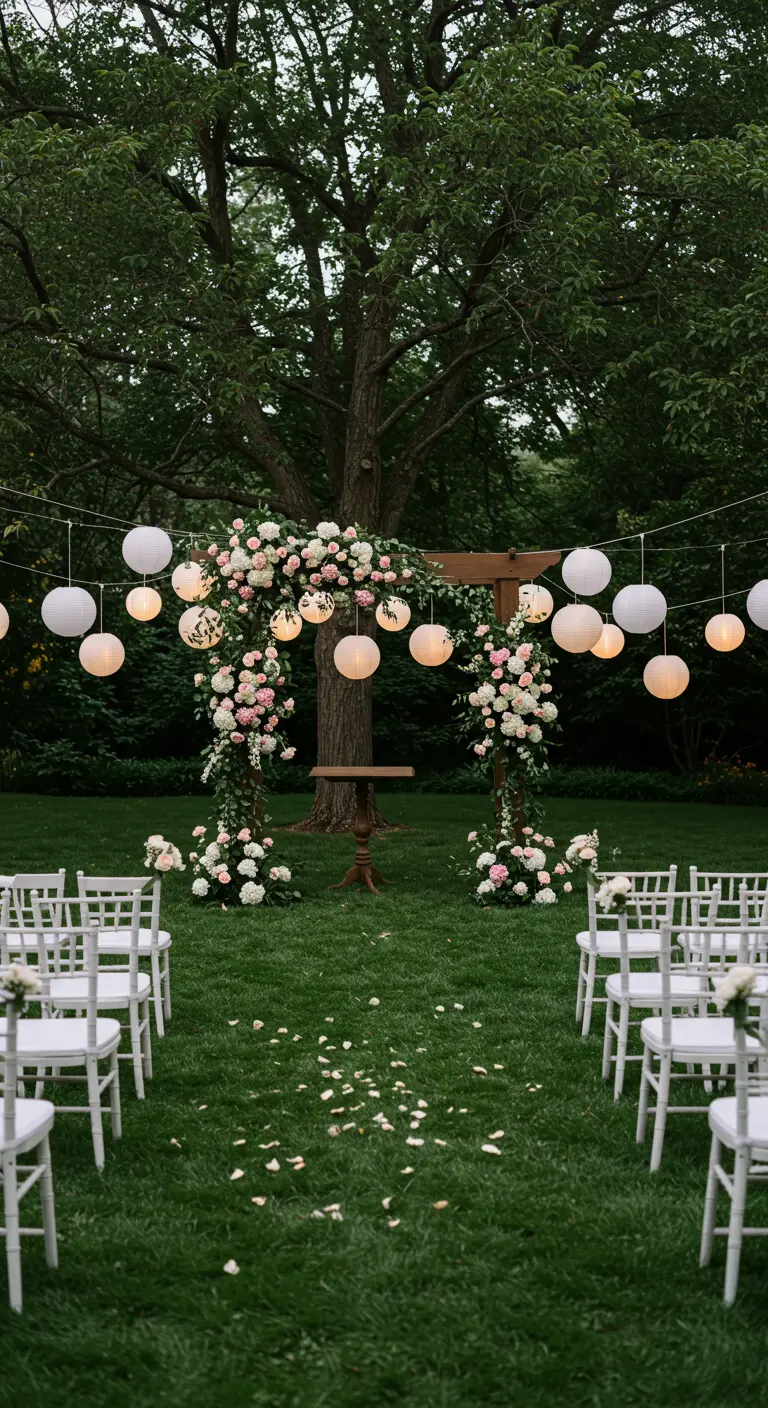 Wedding arch with pink and white flowers, with paper lanterns strung above in a garden.