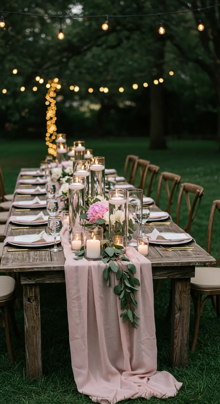 Rustic outdoor table with a pink runner, floating candles in tall vases, and string lights.