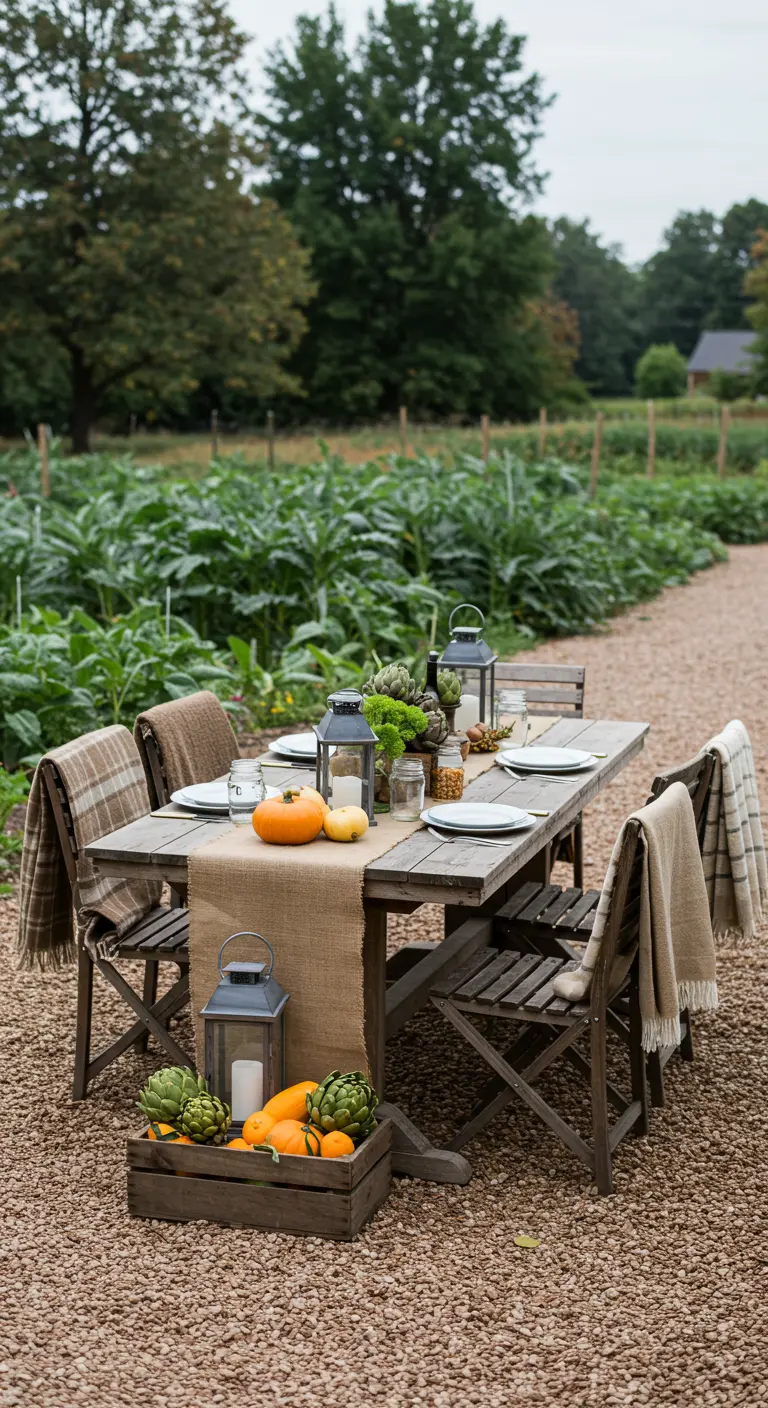 A rustic table on a gravel path near a garden, decorated with a burlap runner, lanterns, and fresh vegetables.