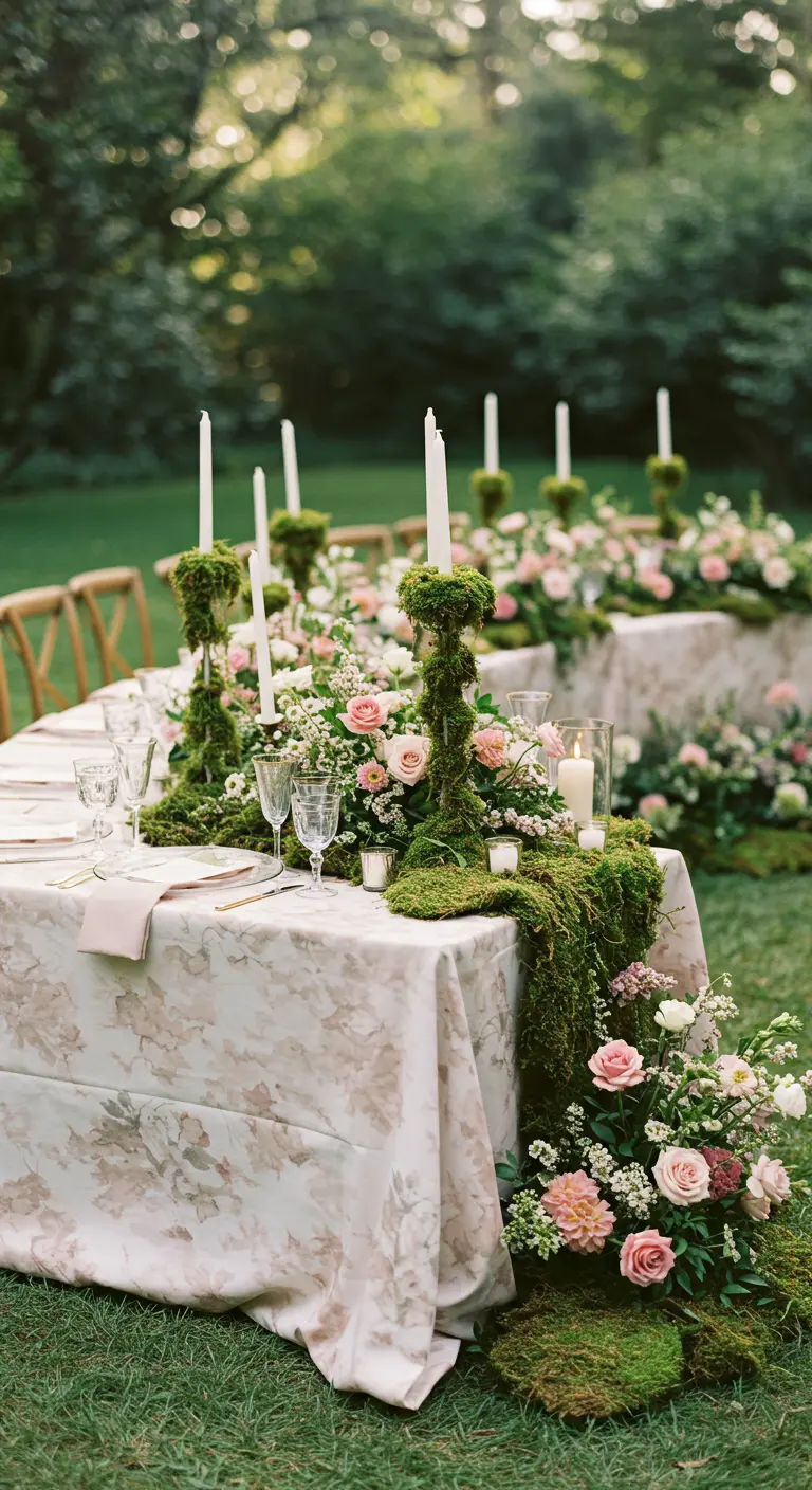 A garden table with a floral patterned tablecloth and a runner made of moss and pink roses.