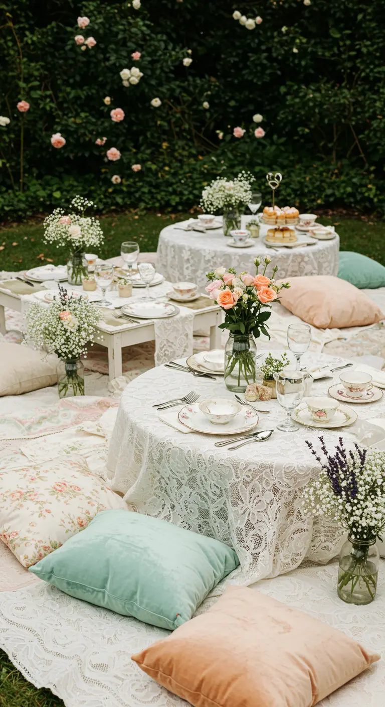 Garden party picnic with lace tablecloths, patchwork quilts, and pastel cushions.