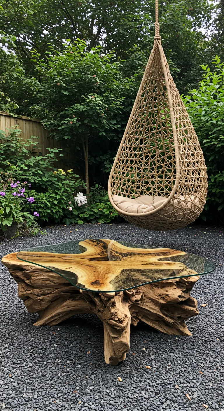 Sculptural burl wood coffee table with a glass top next to a woven hanging chair in a garden.