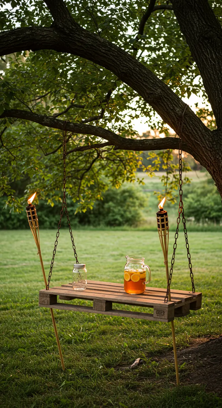 A pallet bar with two tiki torches hangs from a tree in a lush green lawn, holding iced tea.