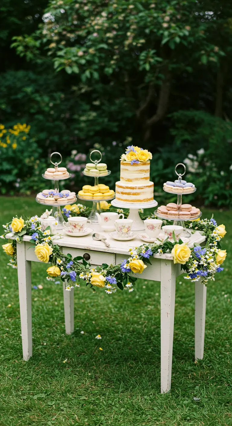 Vintage table with a cake, macarons, and a garland of yellow roses for a garden tea party.