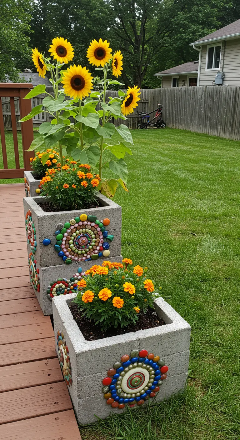 Cinder block planters decorated with colorful glass bead spiral mosaics hold sunflowers.