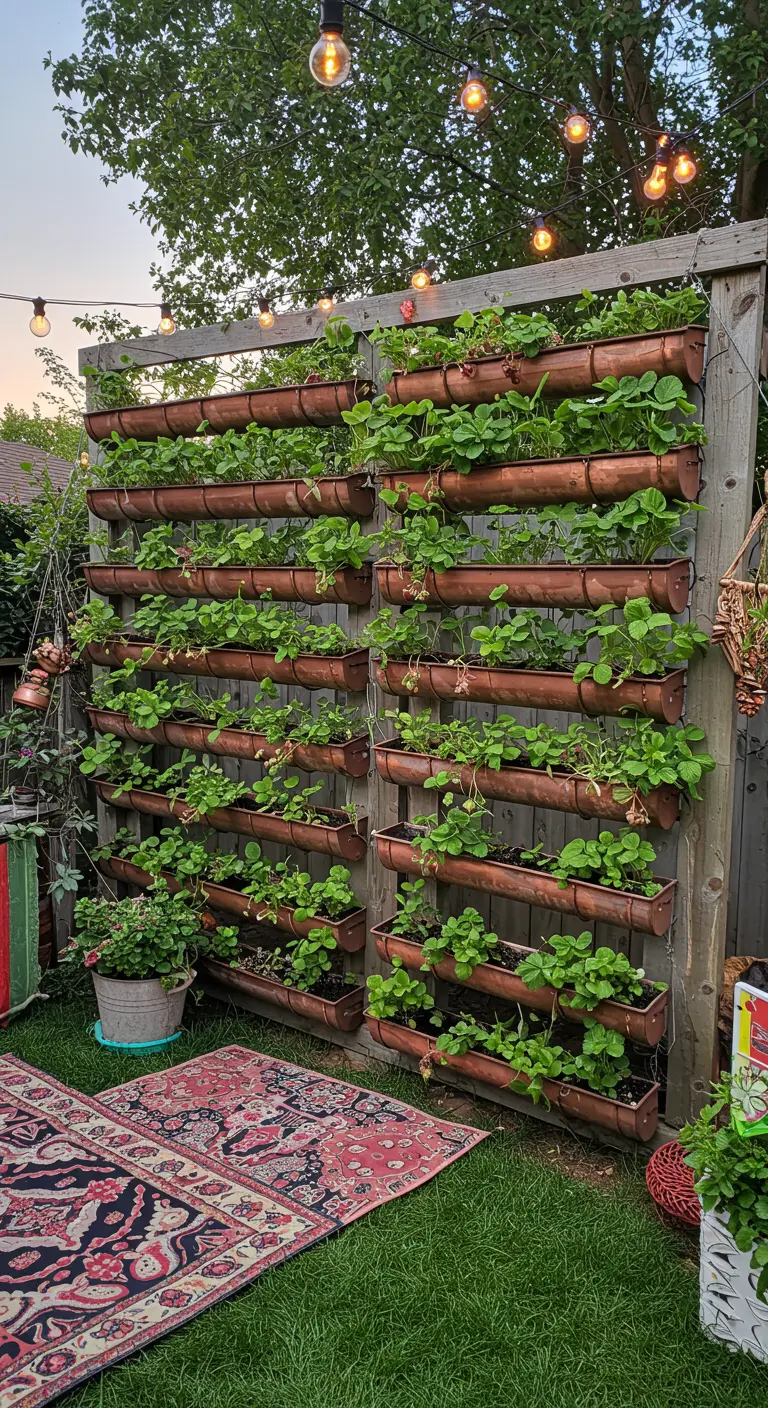 Tall vertical copper gutter garden on a wooden fence with many strawberries