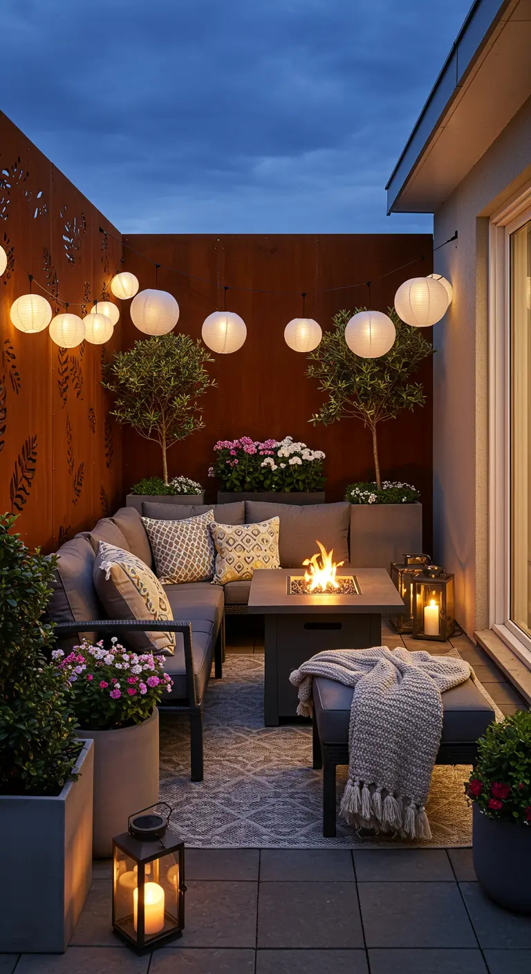 A modern rooftop balcony with a fire pit, cozy sectional, and a laser-cut metal screen.