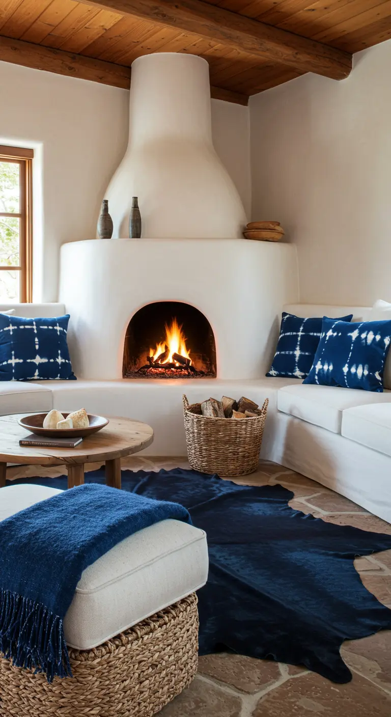 Cozy living room with a white plaster kiva fireplace and indigo textiles.