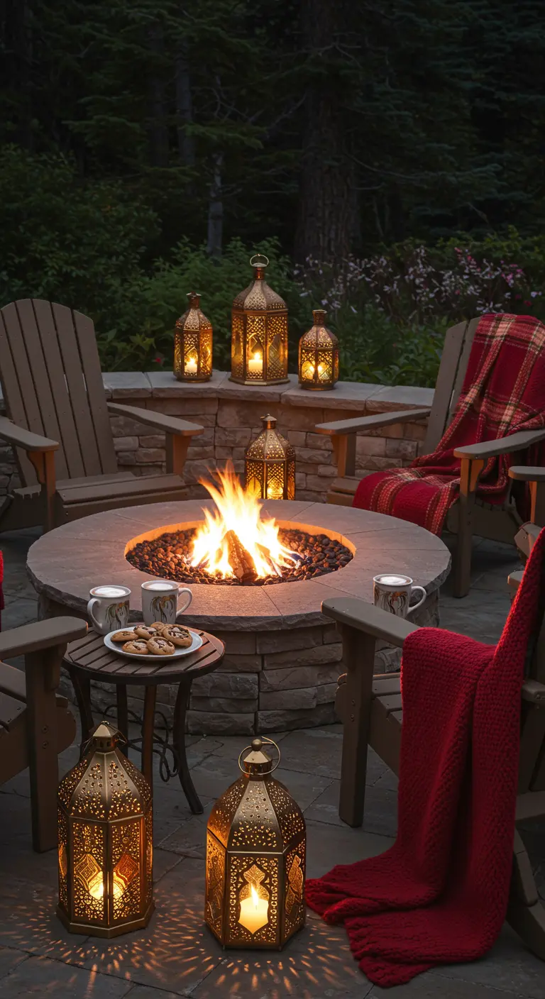 A cozy fire pit at night, surrounded by chairs with red blankets and lit lanterns.