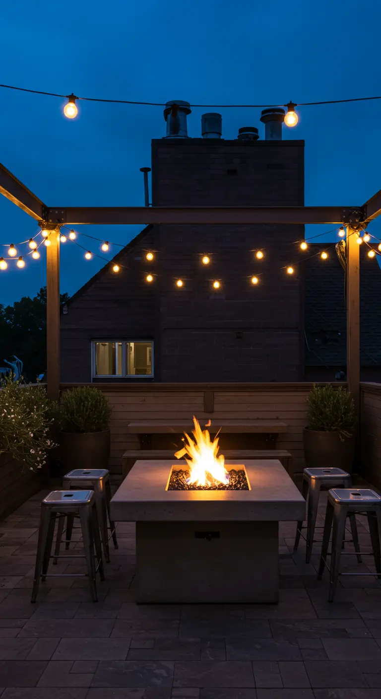A square concrete fire pit table on a rooftop, surrounded by metal stools.