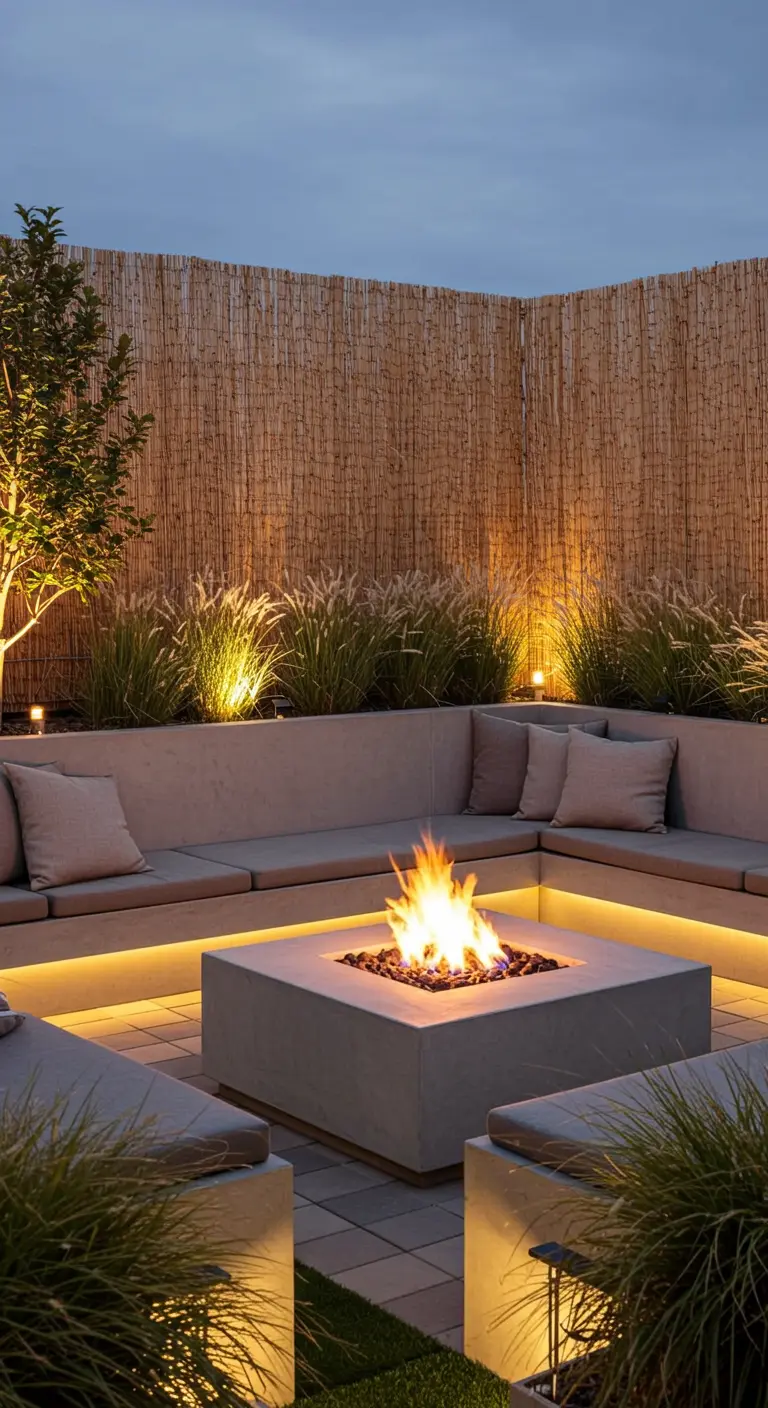 A modern patio with built-in seating around a concrete fire pit at dusk