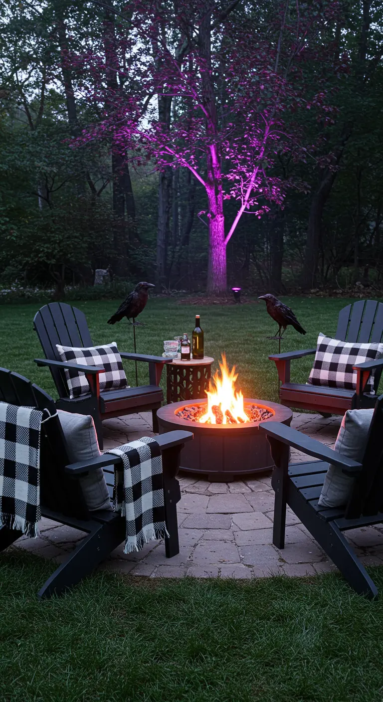 A backyard fire pit with chairs, plaid blankets, and a tree lit with purple light.