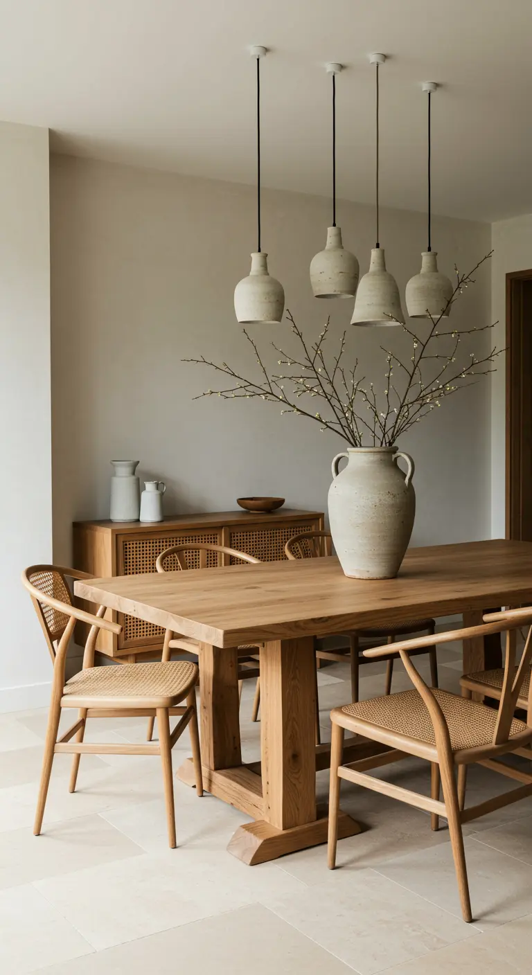 Japandi dining room with a cluster of ceramic pendants over a light wood table.