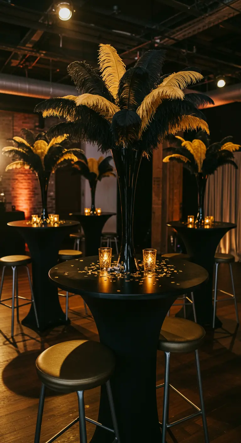 A tall black vase with black and gold ostrich feathers on a cocktail table.