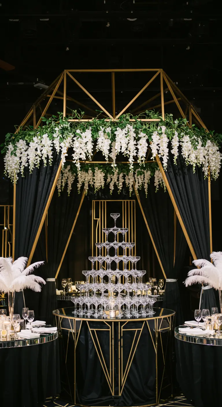 Art Deco gold frame with white wisteria over a champagne tower.
