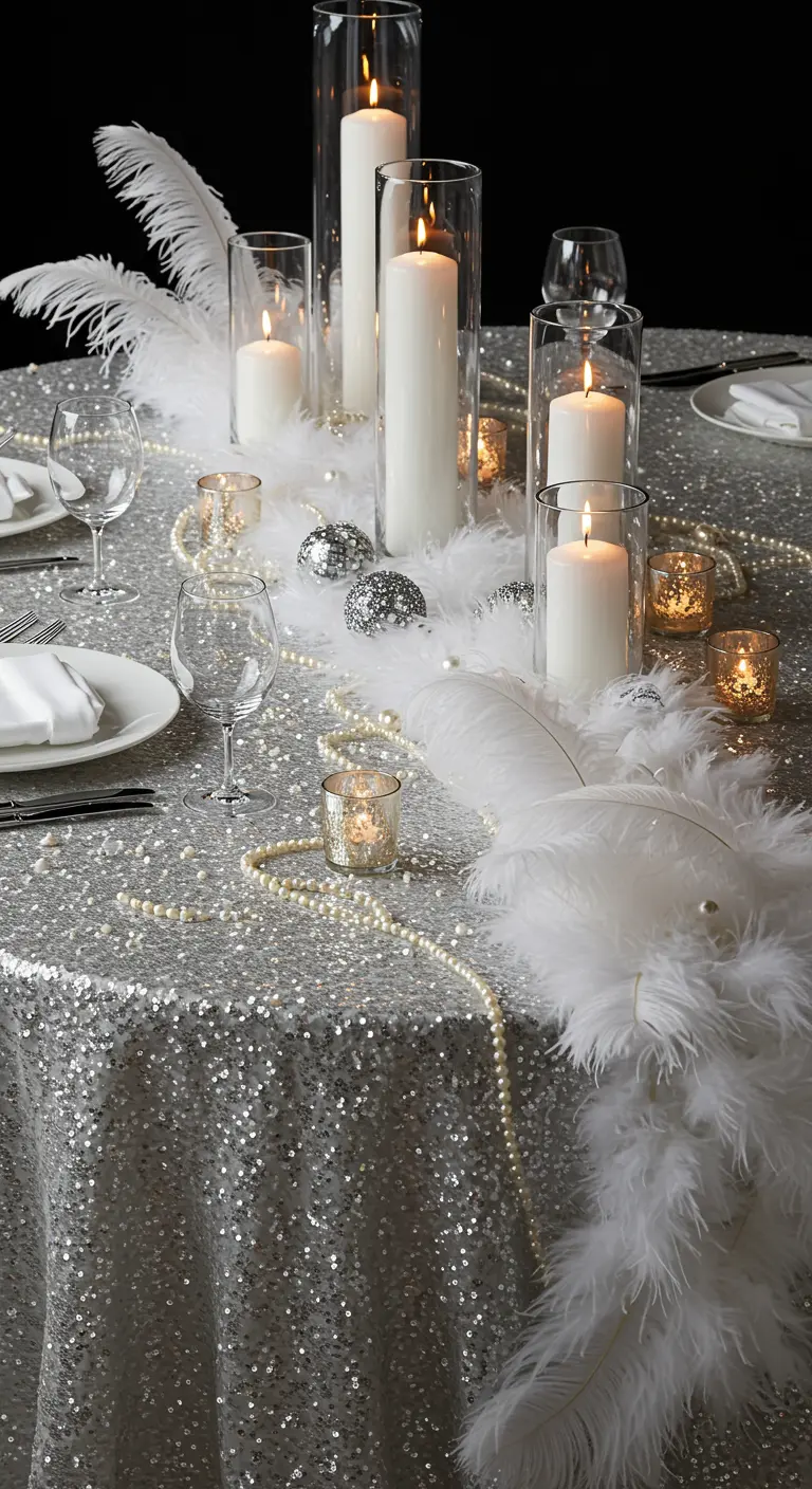 A glamorous tablescape with a silver sequin tablecloth, white feathers, and pearls.