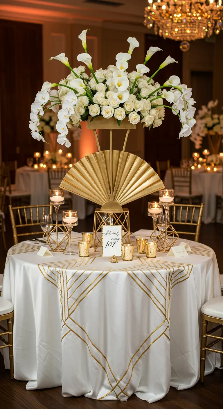 An Art Deco-inspired tablescape with a large gold fan centerpiece and geometric details.