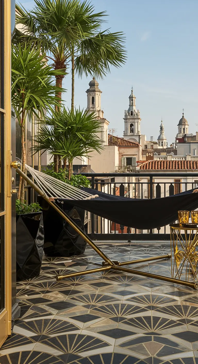 Terrace with black and gold geometric tiles, a hammock on a gold stand, and fan palms.
