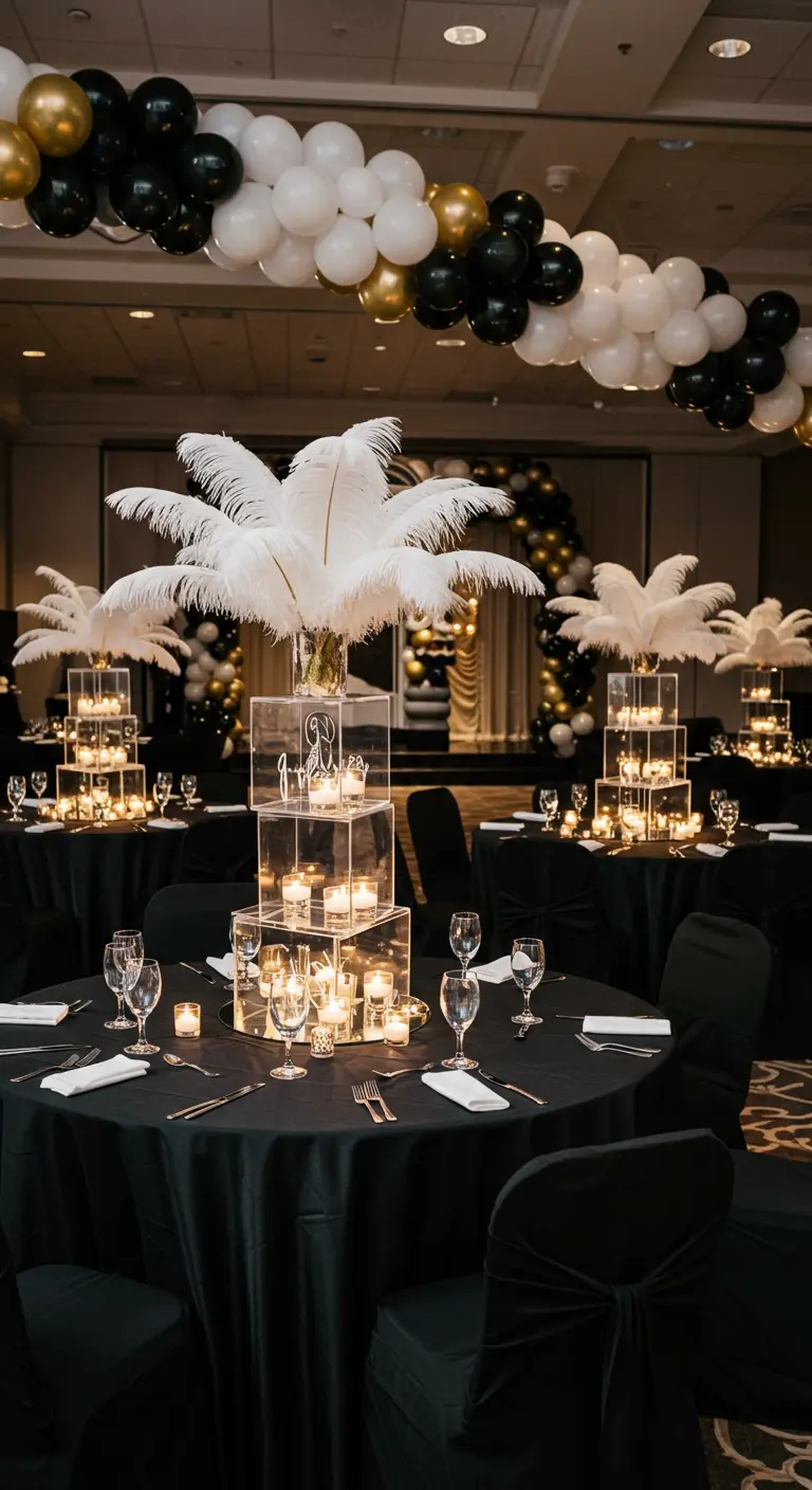 Black and gold balloon decor with ostrich feather centerpieces for a Gatsby party.