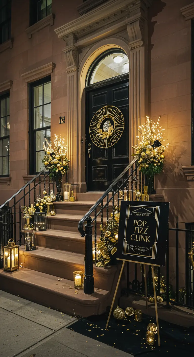 Art Deco New Year's porch with black and gold decor and a 