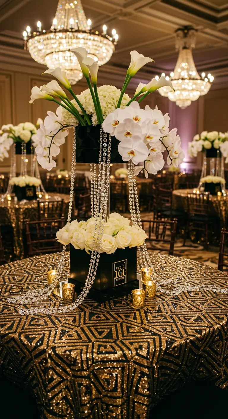 Tiered black centerpiece with white orchids and calla lilies, dripping with crystal garlands.