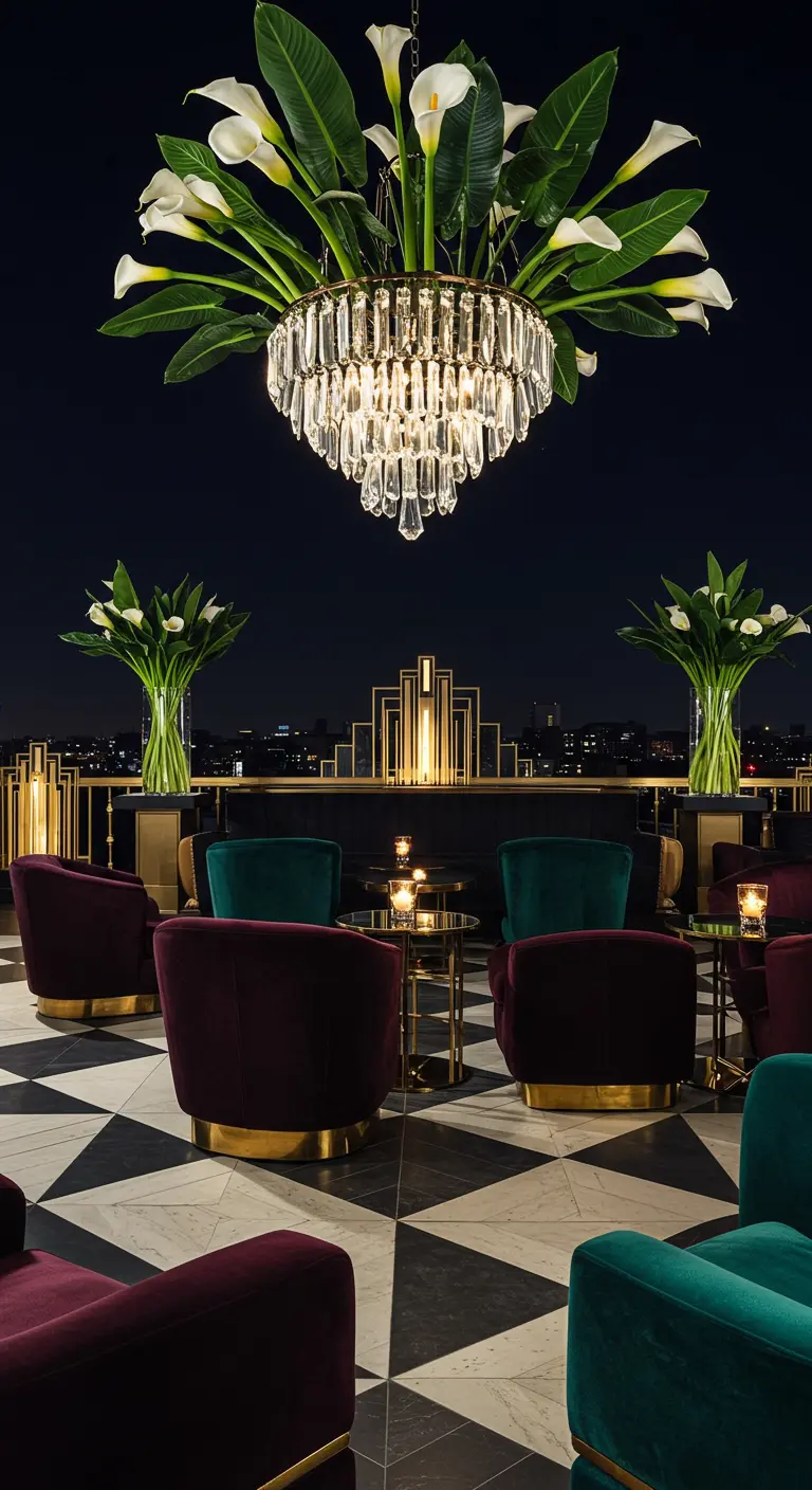 An Art Deco-style crystal chandelier with white calla lilies on a glamorous rooftop.