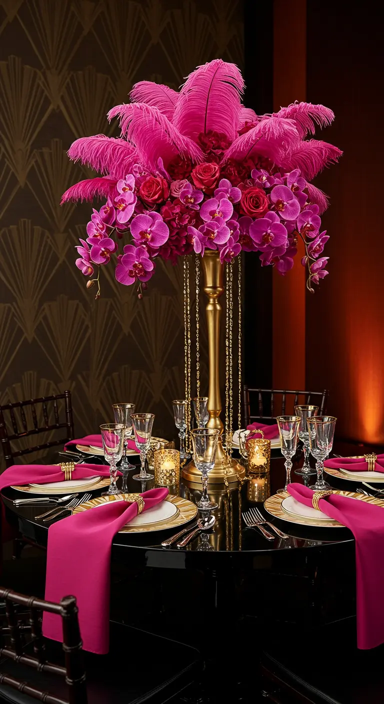 Art Deco centerpiece with fuchsia feathers and flowers in a tall gold vase.