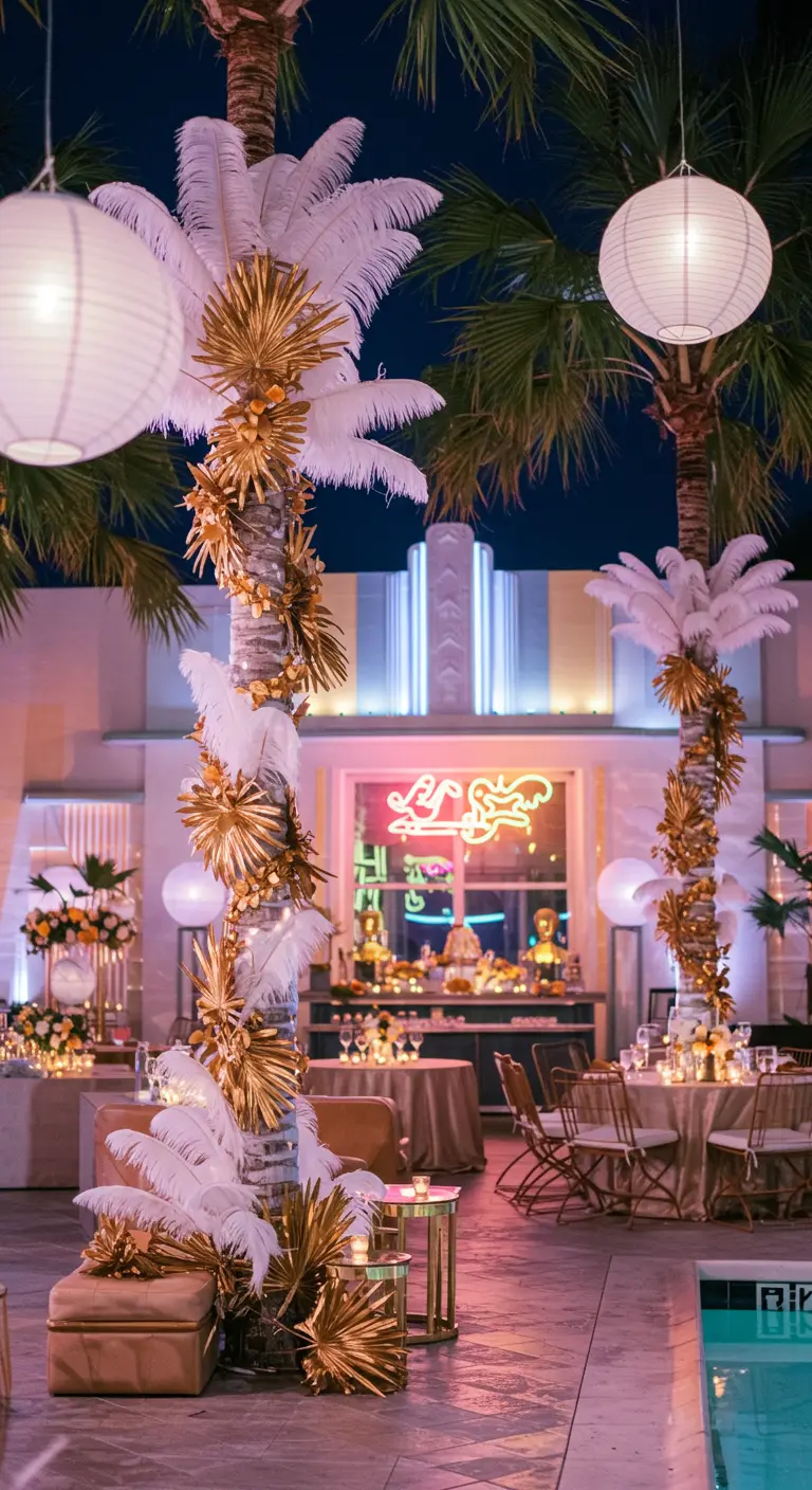 Palm trees decorated with gold fronds and white feathers for an Art Deco-themed party.