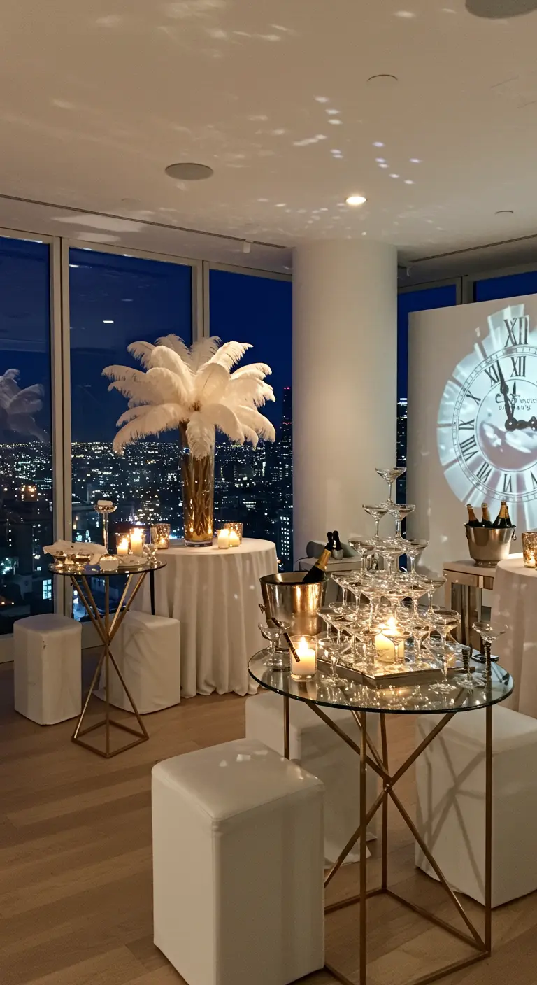 A chic party scene with a champagne tower and a projected clock on the wall.