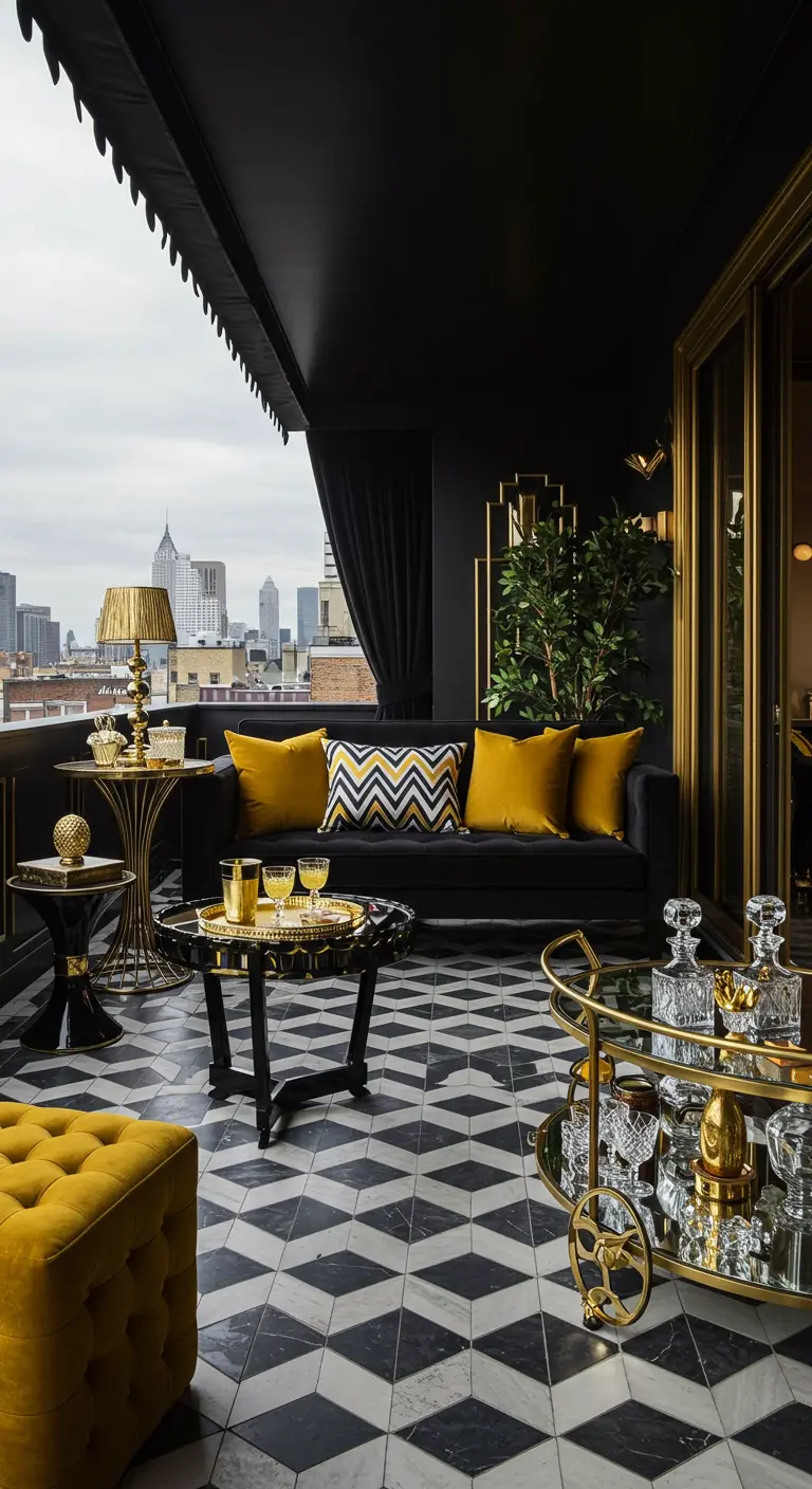 An Art Deco terrace with a black sofa, yellow velvet pillows, gold accents, and geometric tiles.