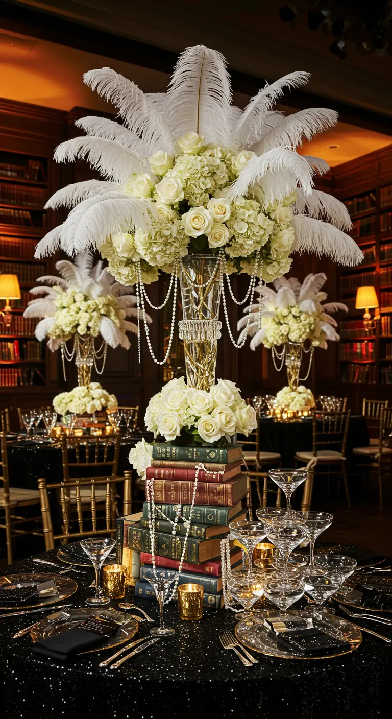 Grand room with black and gold decor, book stacks, white feathers, and pearl strands.