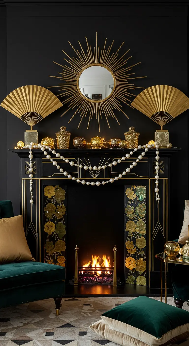 Art Deco mantel with a sunburst mirror, gold fans, and a pearl garland.