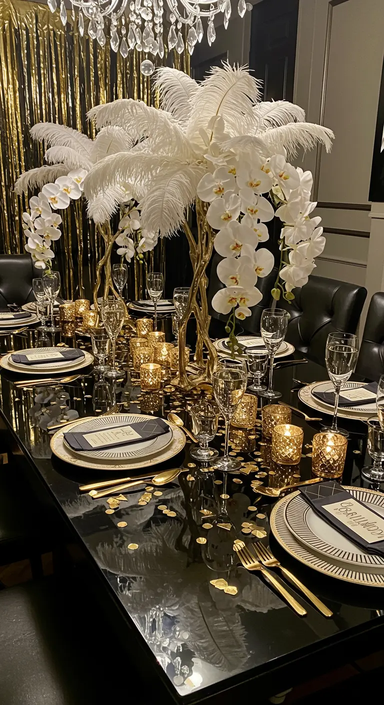Glamorous black and gold tablescape with white feathers and orchids.