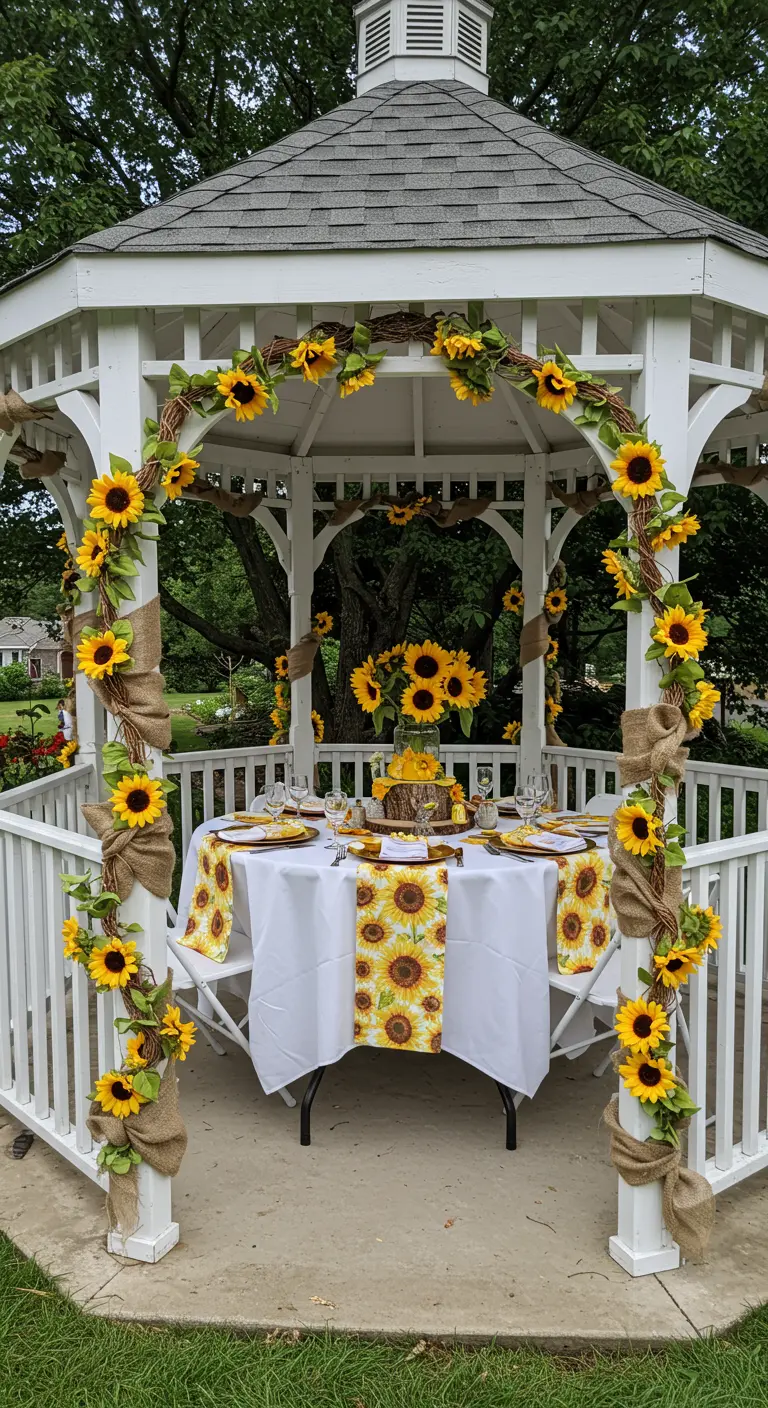 A white garden gazebo decorated with sunflower garlands, grapevine wreaths, and burlap bows.