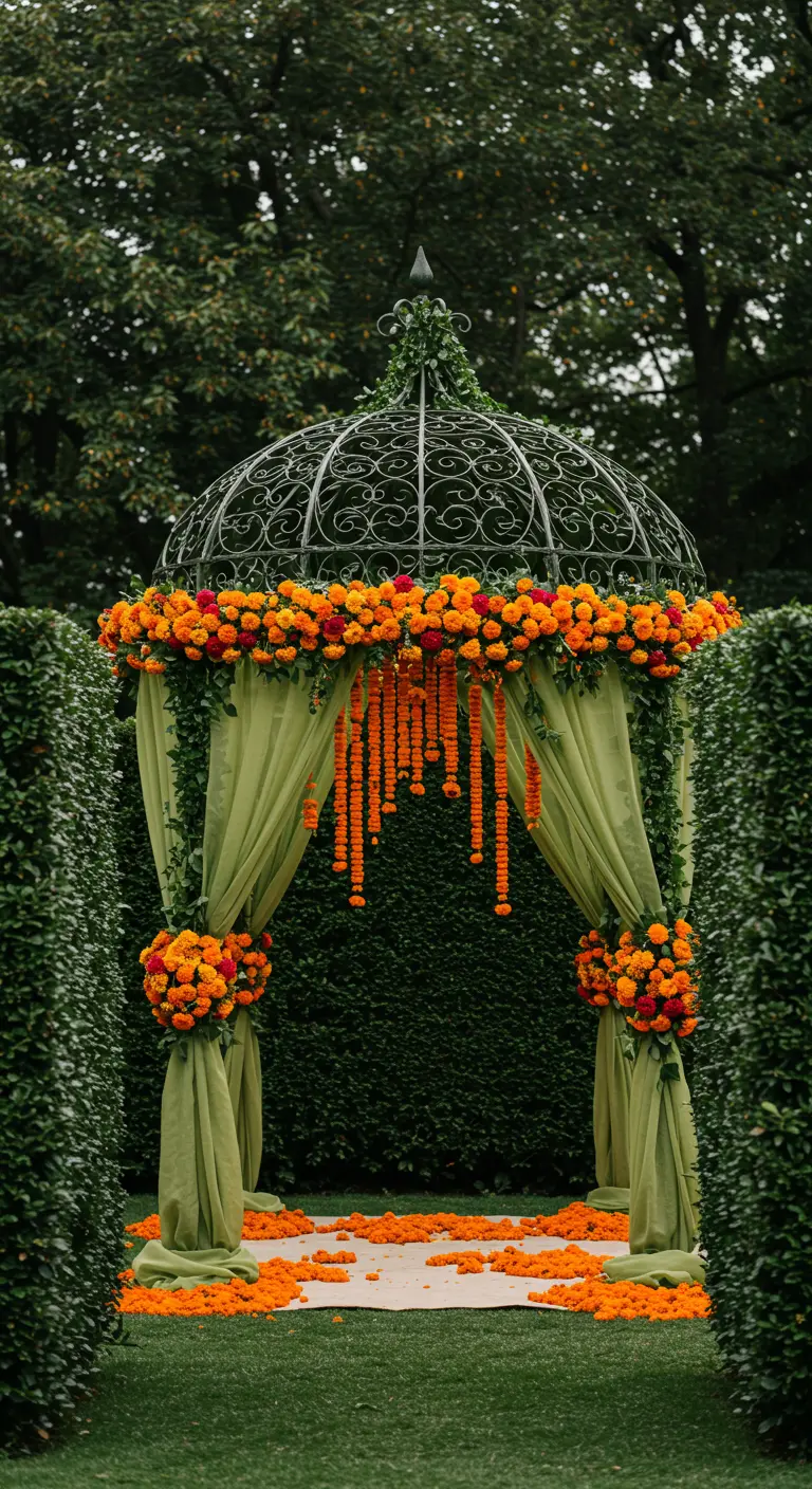 A metal garden gazebo decorated with green drapes and vibrant orange marigold garlands.