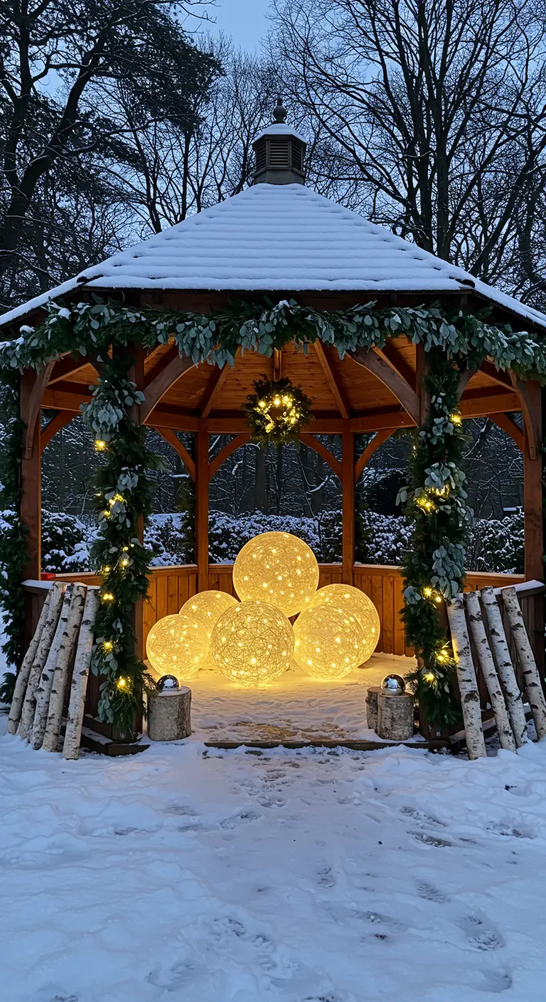 Snowy garden gazebo filled with a large cluster of glowing fairy-light orbs.