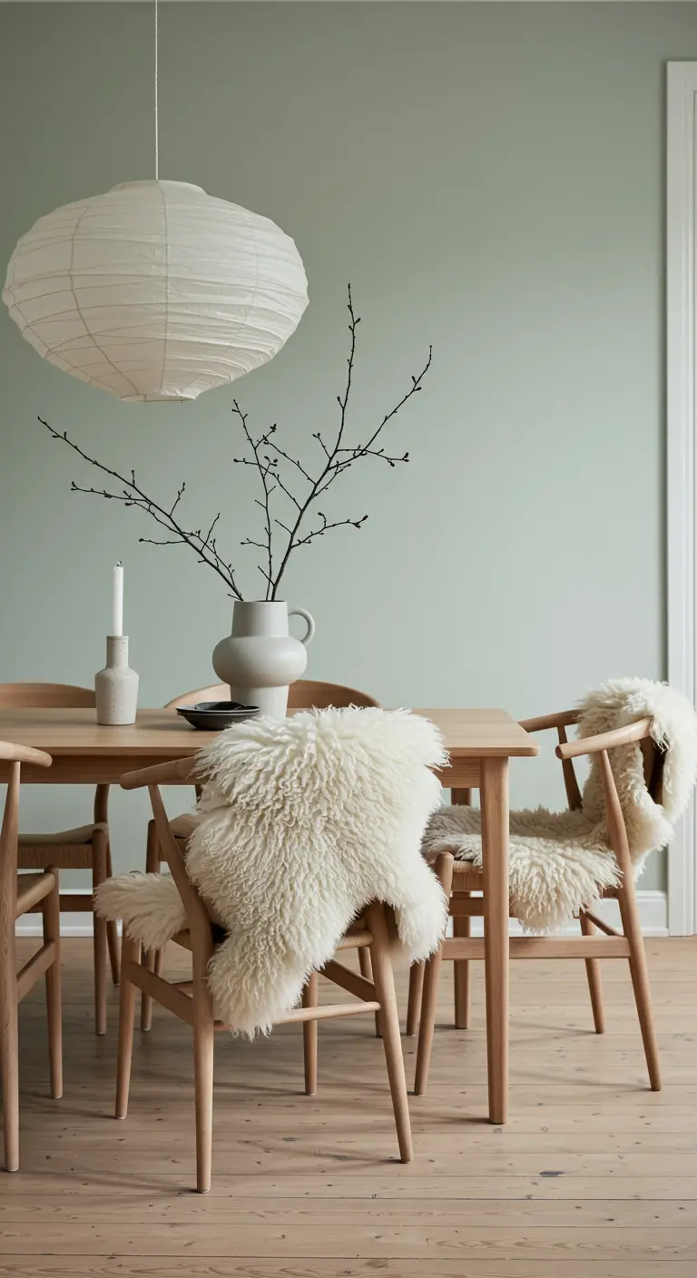 Light oak dining table with light wood chairs, one with a sheepskin, under a large paper lantern pendant against a sage green wall.