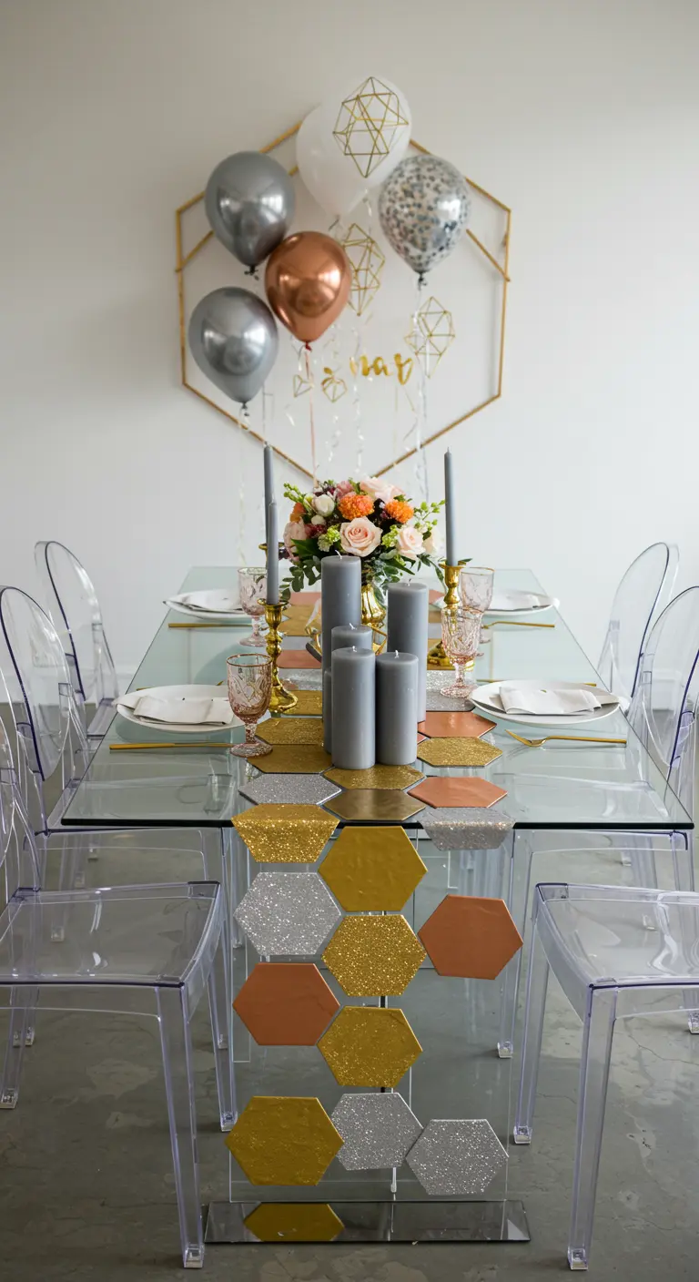 A modern table with a DIY geometric glitter runner and grey candles.