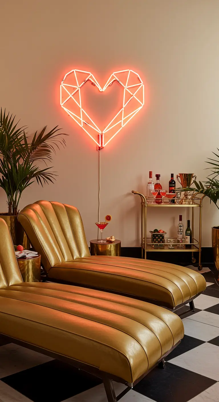 Gold vinyl loungers and a geometric neon heart on a patio with a checkered floor.