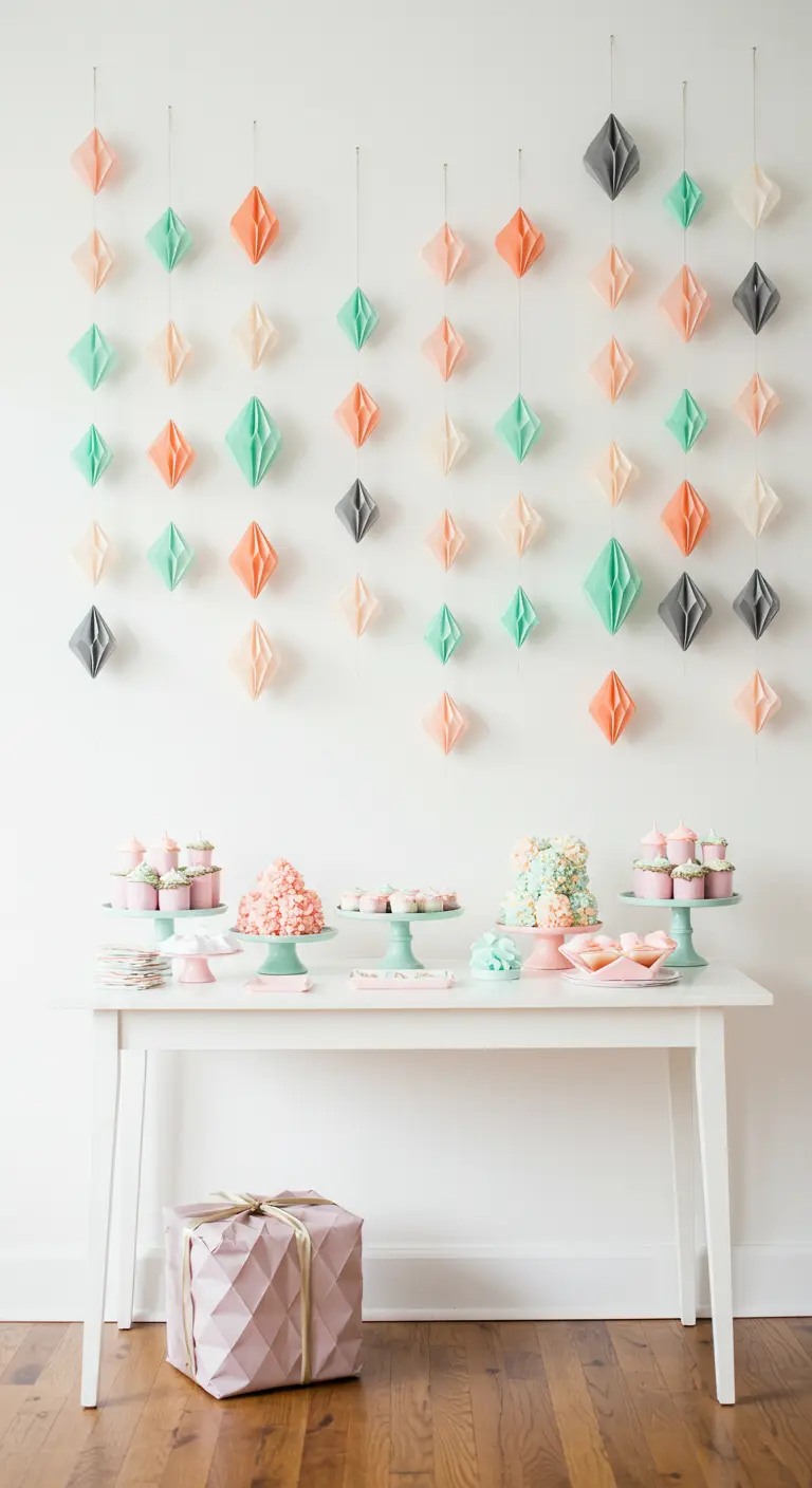 Hanging paper diamonds in pastel colors create a wall backdrop.