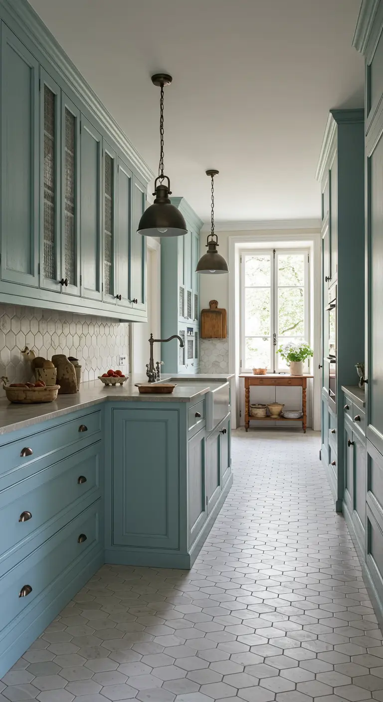 A long galley kitchen with light blue cabinets, a white hexagonal tile floor, and large windows.