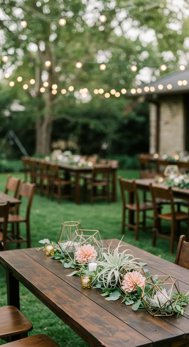 Geometric gold terrariums with blush flowers and air plants on a wooden table.
