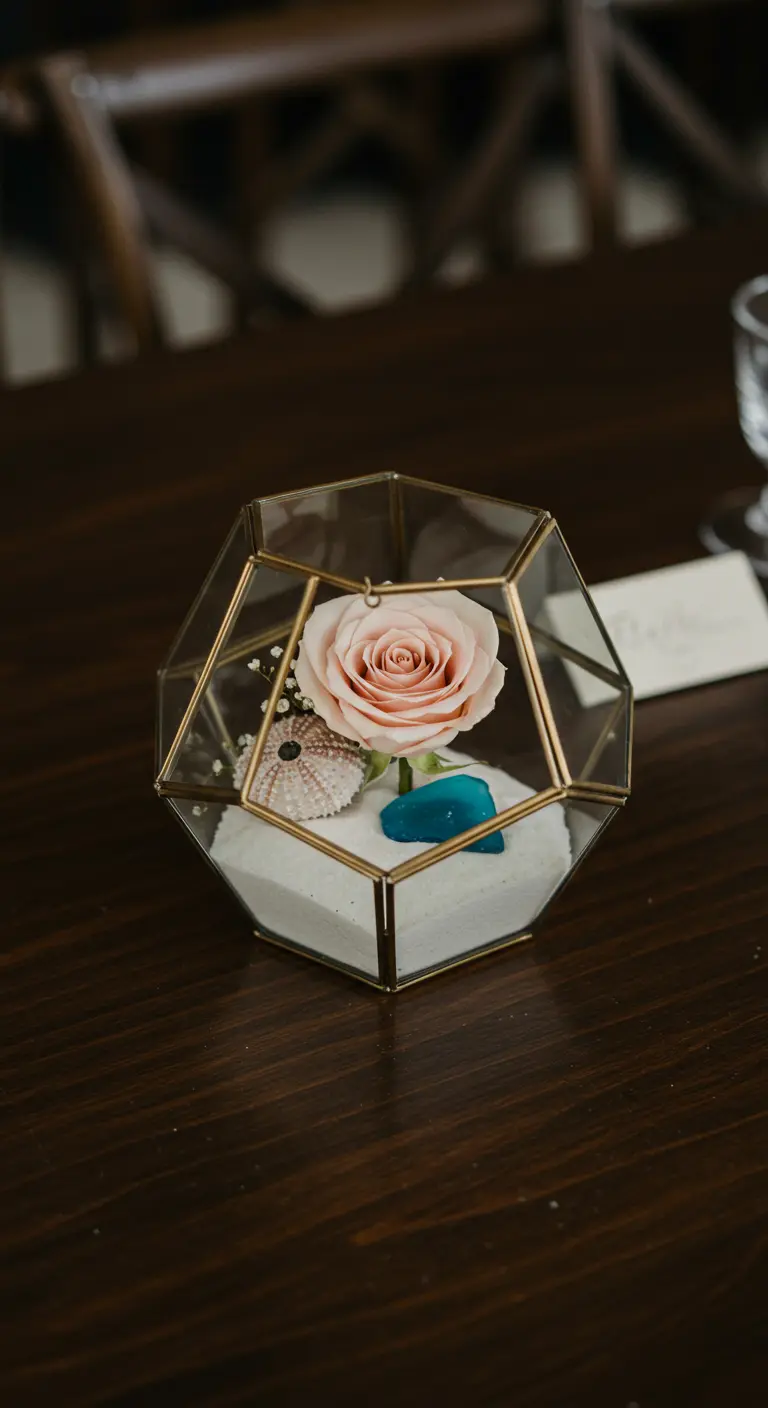 A single pink rose and seashells inside a geometric glass terrarium.