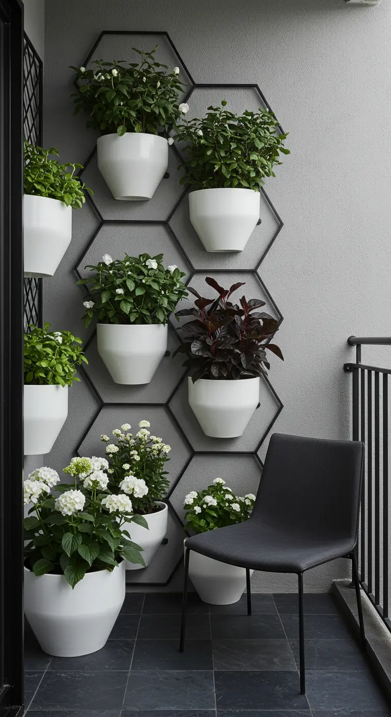 A modern black hexagonal trellis holding white pots with green and dark foliage plants.
